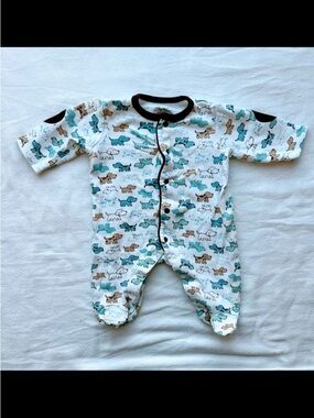 Little Me White Footed One-Piece with Teal & Brown Animal Print